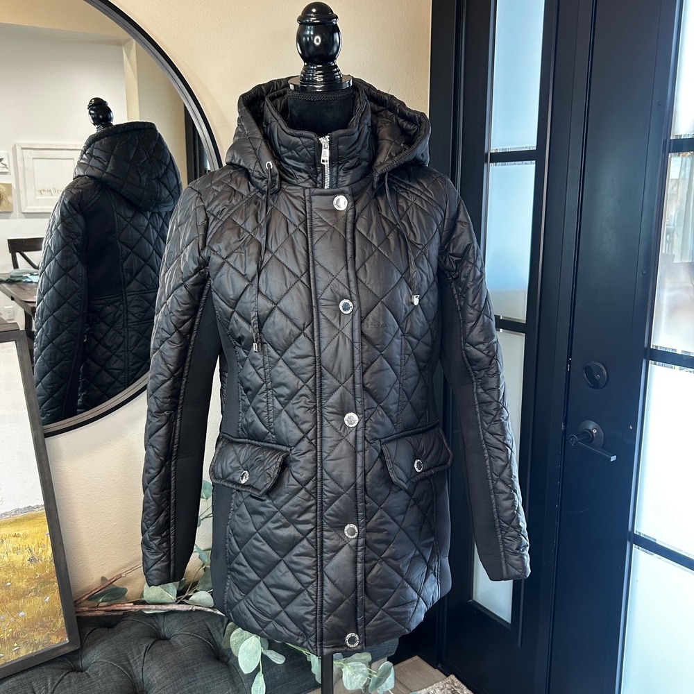 London Fog Womens Black Quilted Puffer Jacket Hooded Mid Length Coat Size M